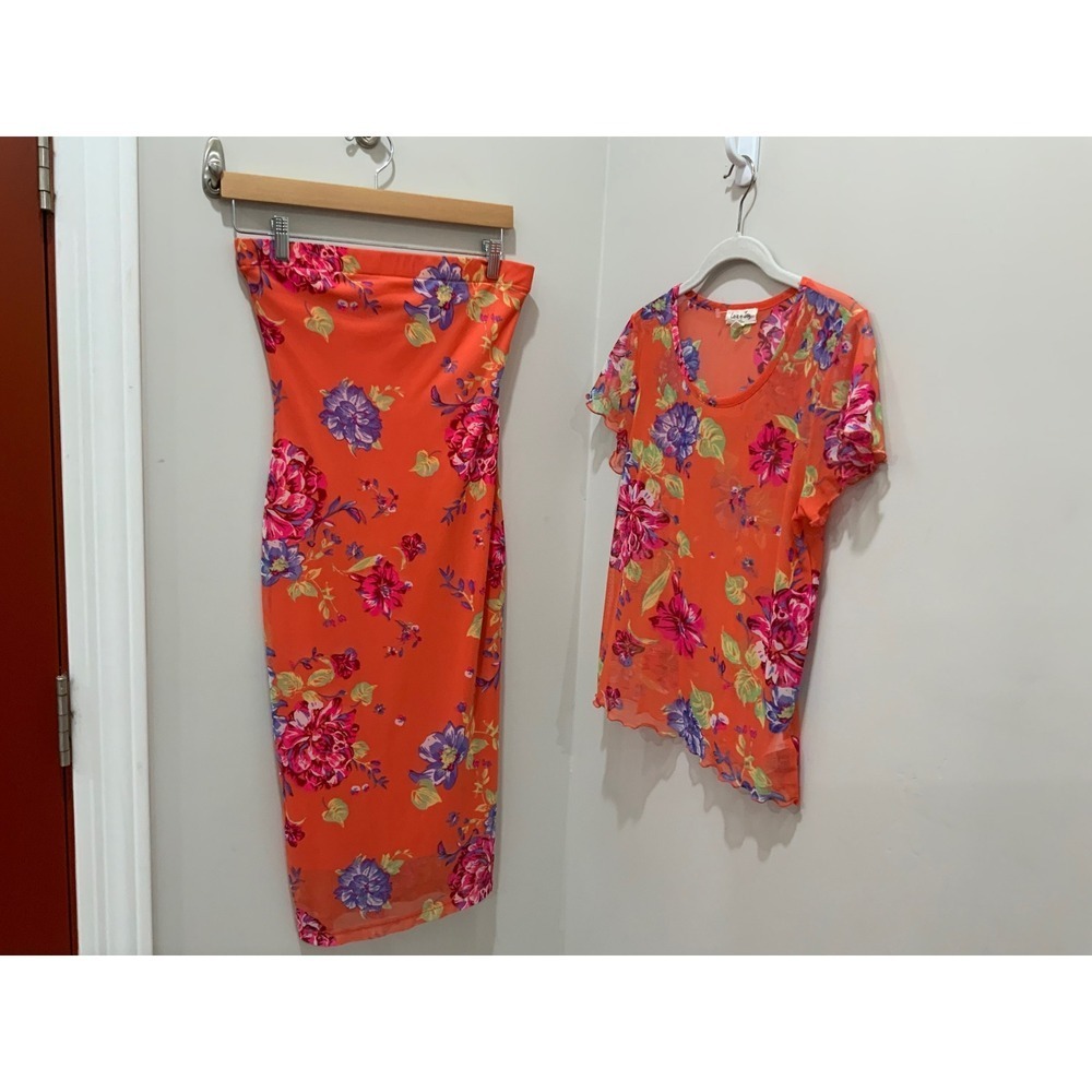 Full Circle Trends Orange Floral Mesh Tube Dress and Matching Top Set 2 Piece